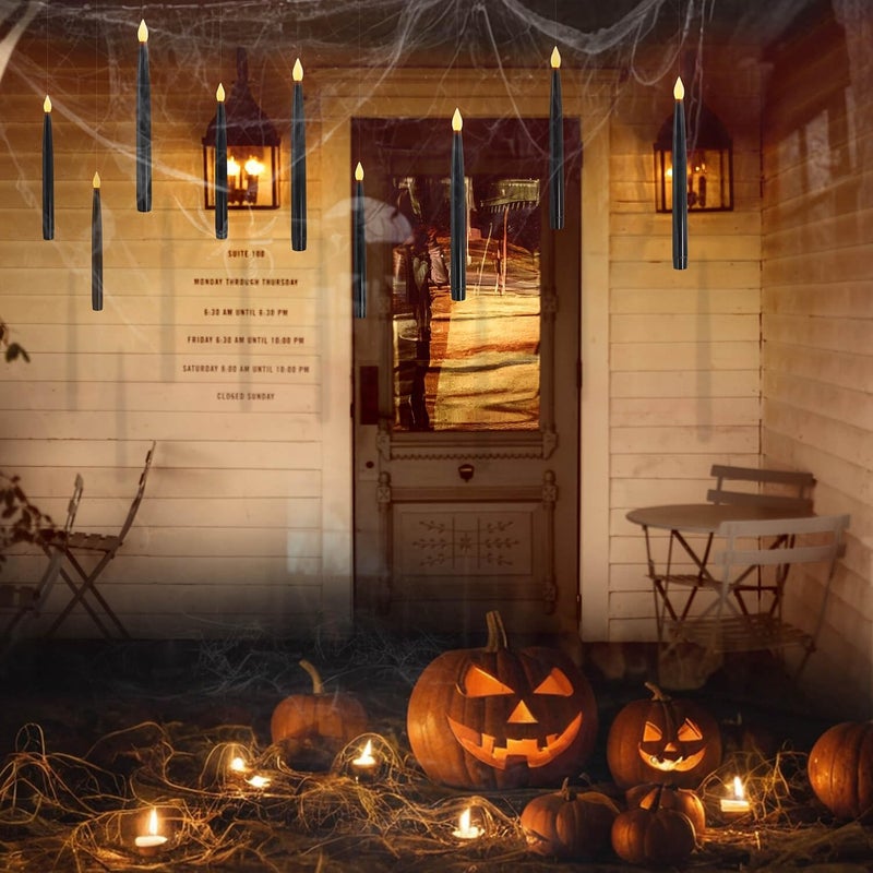 Leejec 10 Pcs of 10.8" Floating Candles, Magic Wand Remote with 6/18H Timer, Halloween Decorations, Hanging Flameless Taper Candles, Flickering Warm White LED, Home Decor, Witch Wizard Gift (Black) - Image 5